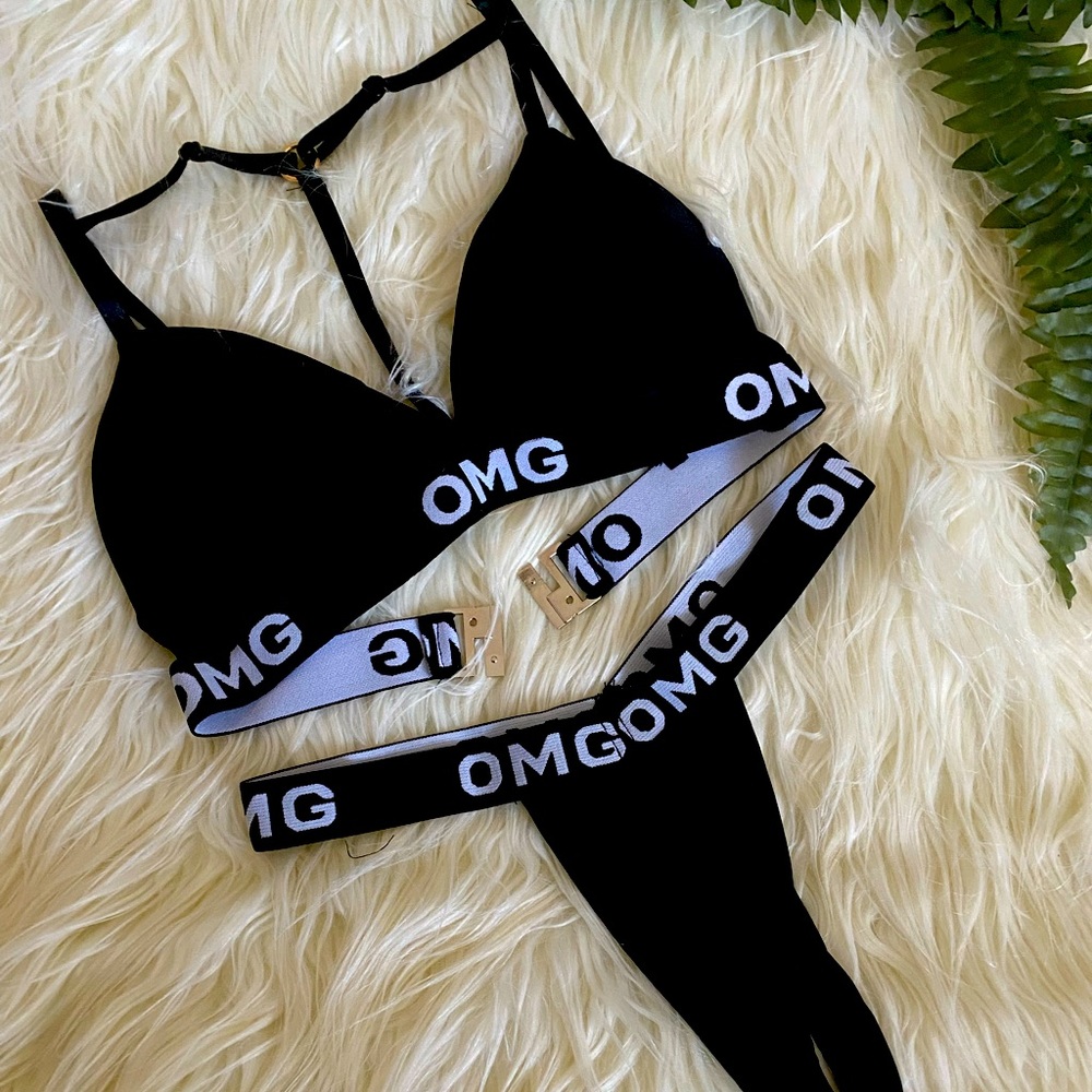 Black and white OMG bathing suits